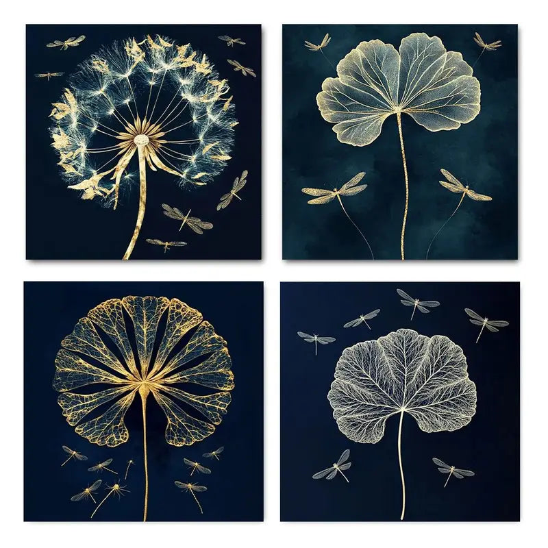 4pcs Golden Dragonfly & Tree Canvas Wall Art Canvas Framed