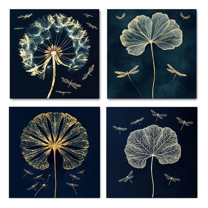 4pcs Golden Dragonfly & Tree Canvas Wall Art Canvas Framed