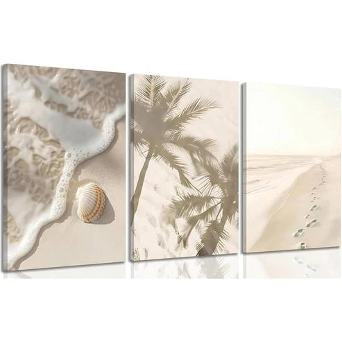 3pcs Coastal Beach Palm Trees Seashells Wall Art Set Canvas Framed 50x70cm - High Quality Print 100% Australian Made Wall Canvas Ready to Hang
