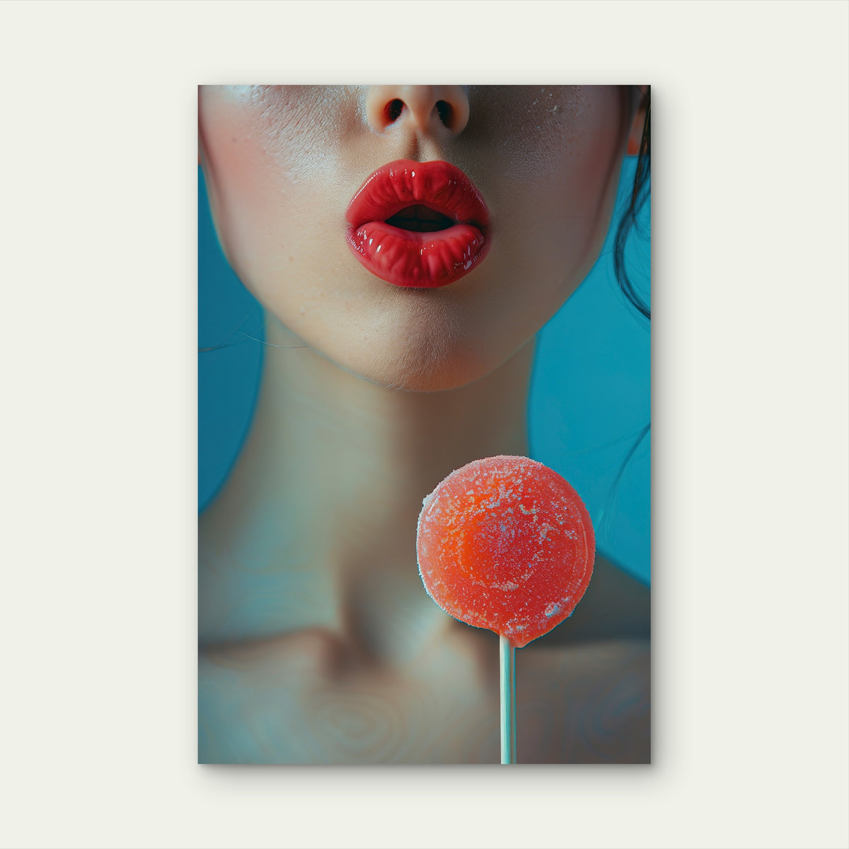 Close-Up of Red Lips with Red Lollipop 40x60cm Metal Print Ready to Hang