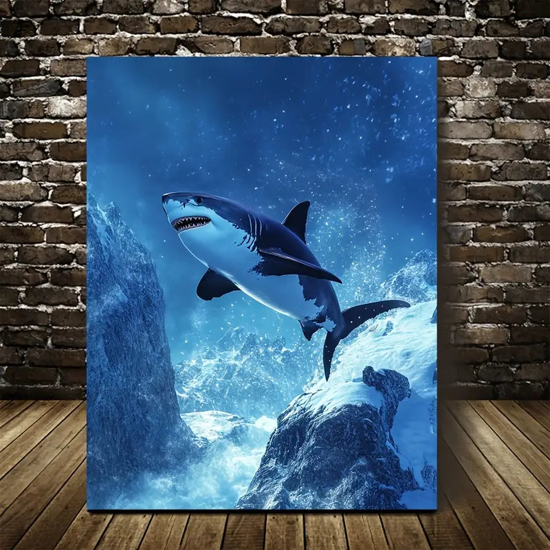 Vibrant Shark in Snowy Mountain Scene 40x60cm Metal Print Ready to Hang
