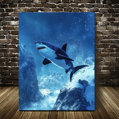 Vibrant Shark in Snowy Mountain Scene 40x60cm Metal Print Ready to Hang
