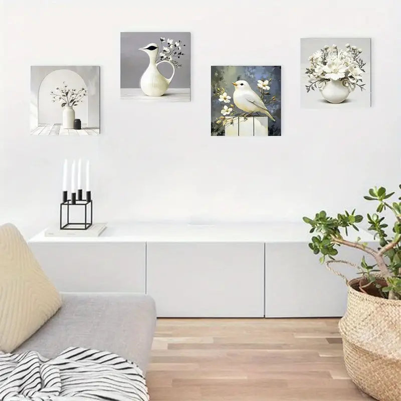 4pcs White Farmhouse Bouquet Wall Art Canvas Framed