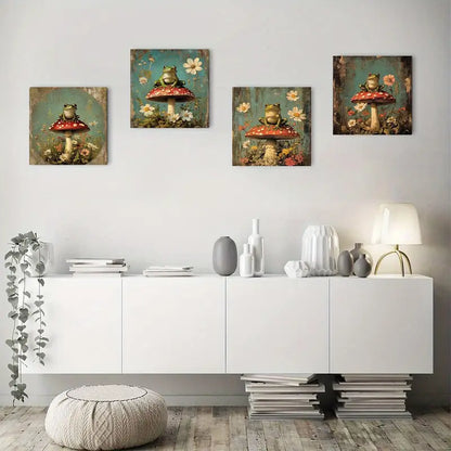 4pcs Vintage Frog & Mushroom VH   Wall Art Canvas Framed
