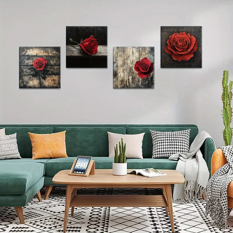 4pcs  Red Rose Decorative Artwork Wall Art Canvas Framed