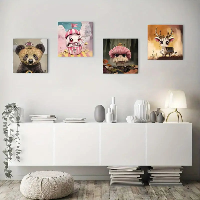 4pcs Happy Bus Girl Elephant Wall Art Canvas Framed