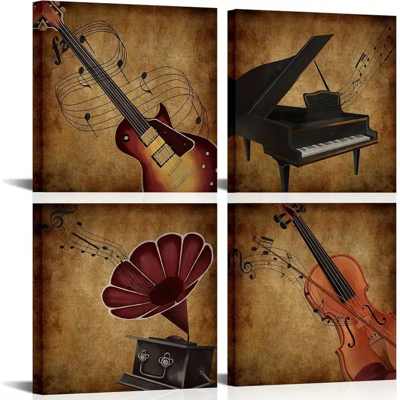 4pcs Musical Instruments & Music-Themed Decor Wall Art Canvas Framed