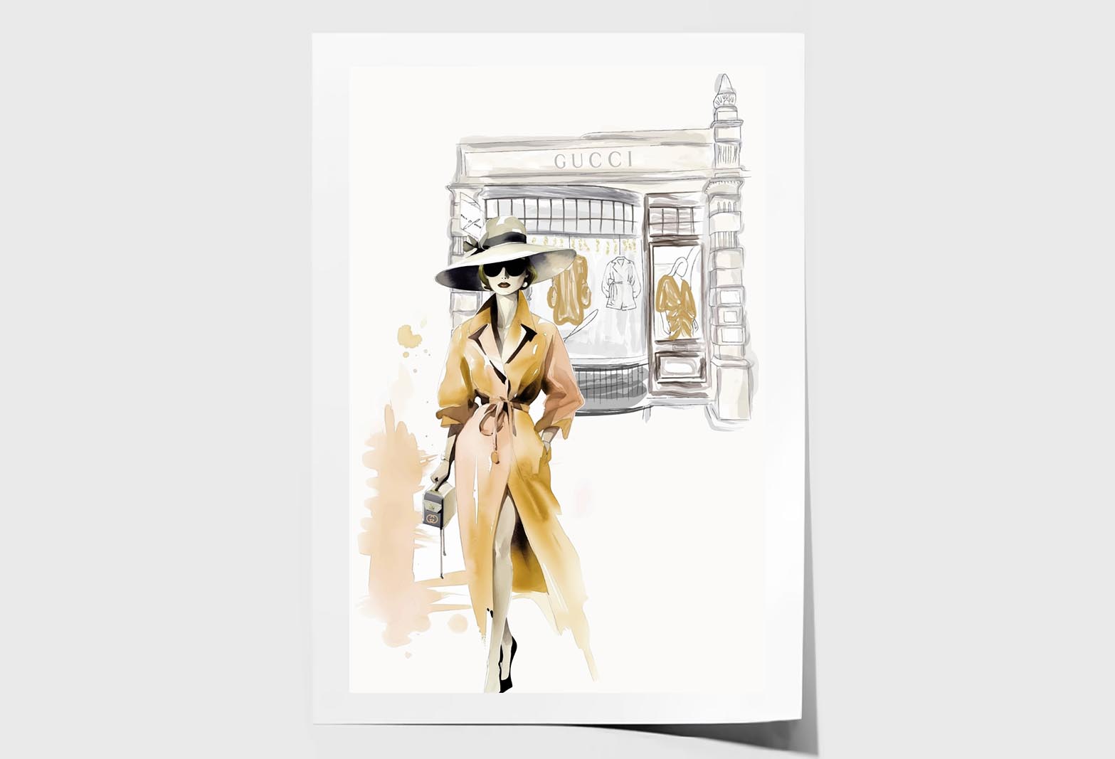 Yellow Stylish Lady with Hat Wall Art Limited Edition High Quality Print Unframed Roll Canvas None