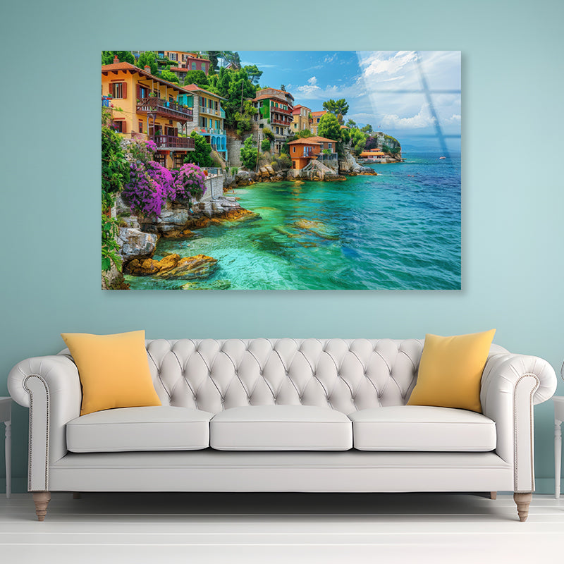 Ocean with Buildings, Trees and Sky Acrylic Glass Print Tempered Glass Wall Art 100% Made in Australia Ready to Hang