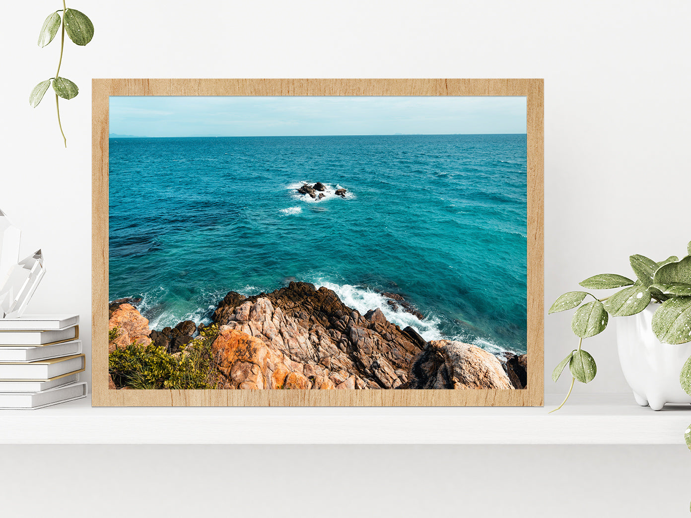 Tropical Beach At Island & Rocks Glass Framed Wall Art, Ready to Hang Quality Print Without White Border Oak