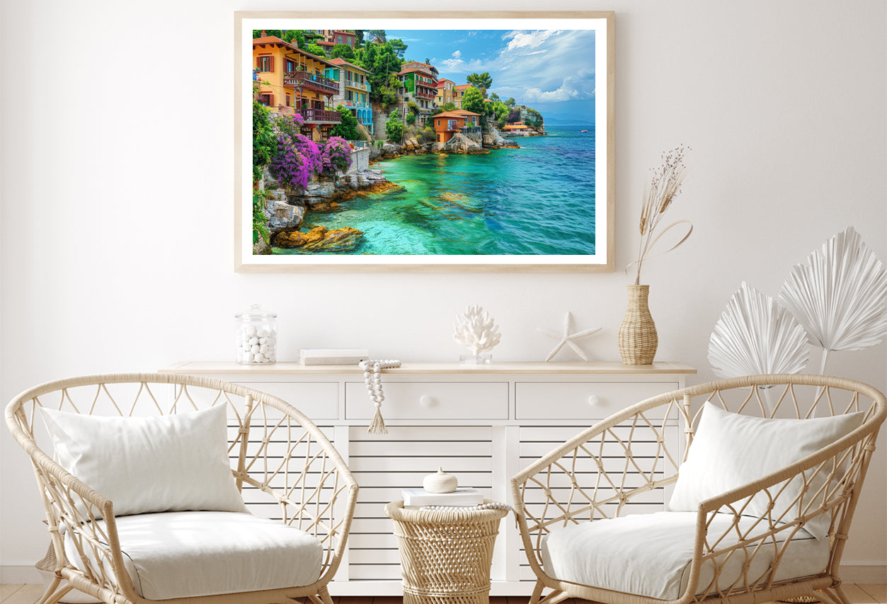 Ocean with Buildings, Trees and Sky Home Decor Premium Quality Poster Print Choose Your Sizes