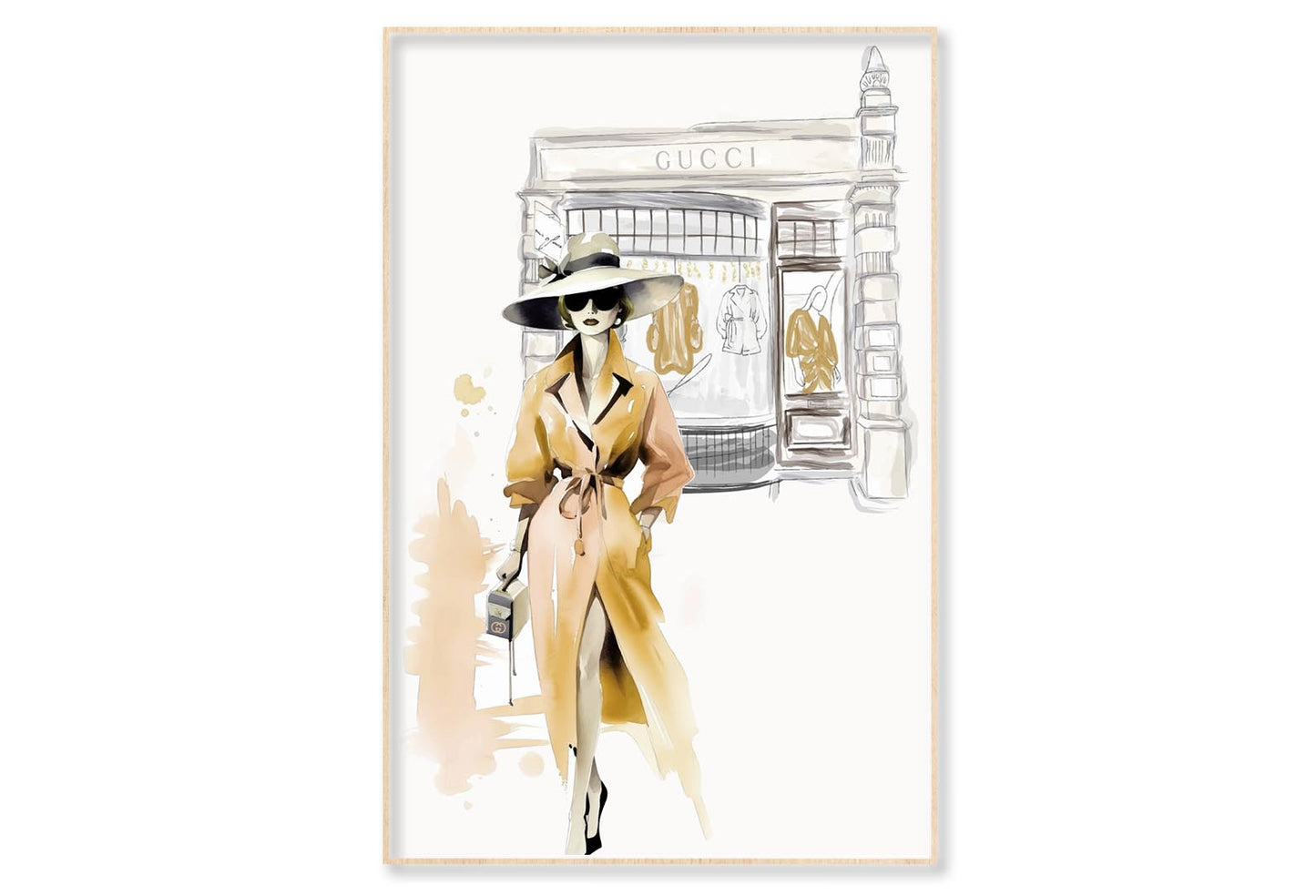 Yellow Stylish Lady with Hat Wall Art Limited Edition High Quality Print Canvas Box Framed Natural