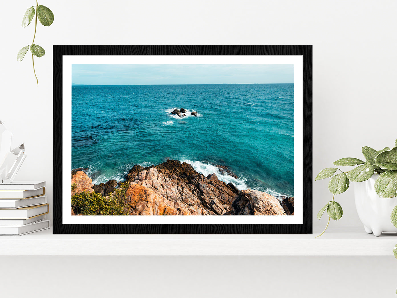 Tropical Beach At Island & Rocks Glass Framed Wall Art, Ready to Hang Quality Print With White Border Black