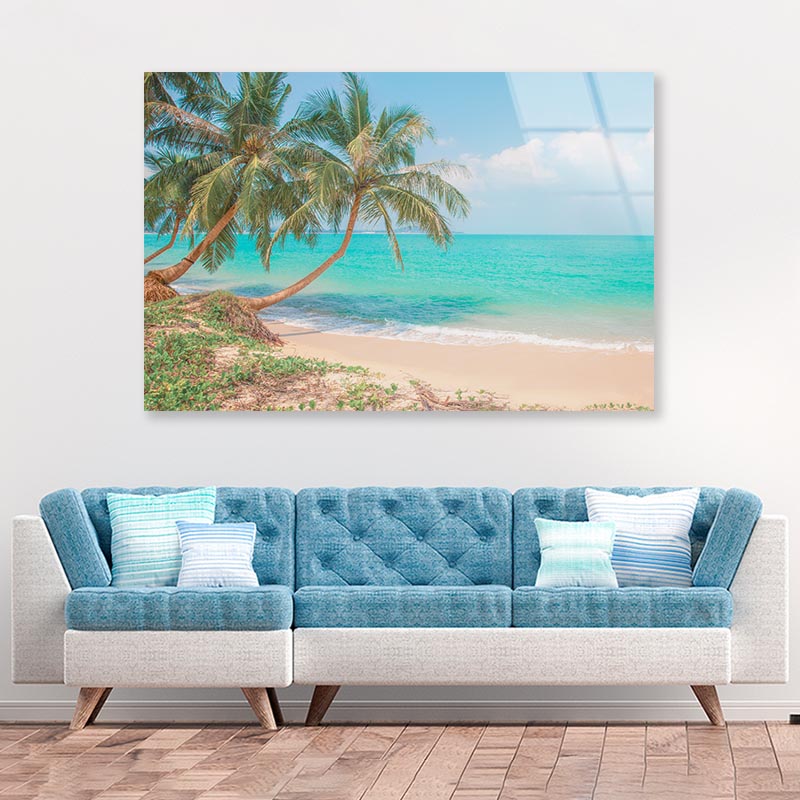 Tropical Beach with Coconut Palm Tree Acrylic Glass Print Tempered Glass Wall Art 100% Made in Australia Ready to Hang