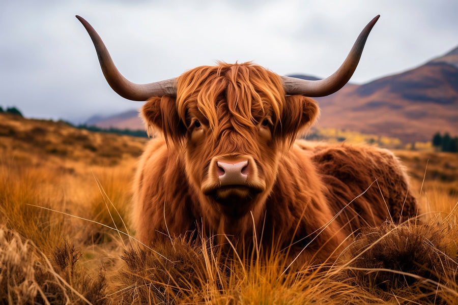 Highland Cow with Horns & Mountain View Acrylic Glass Print Tempered Glass Wall Art 100% Made in Australia Ready to Hang