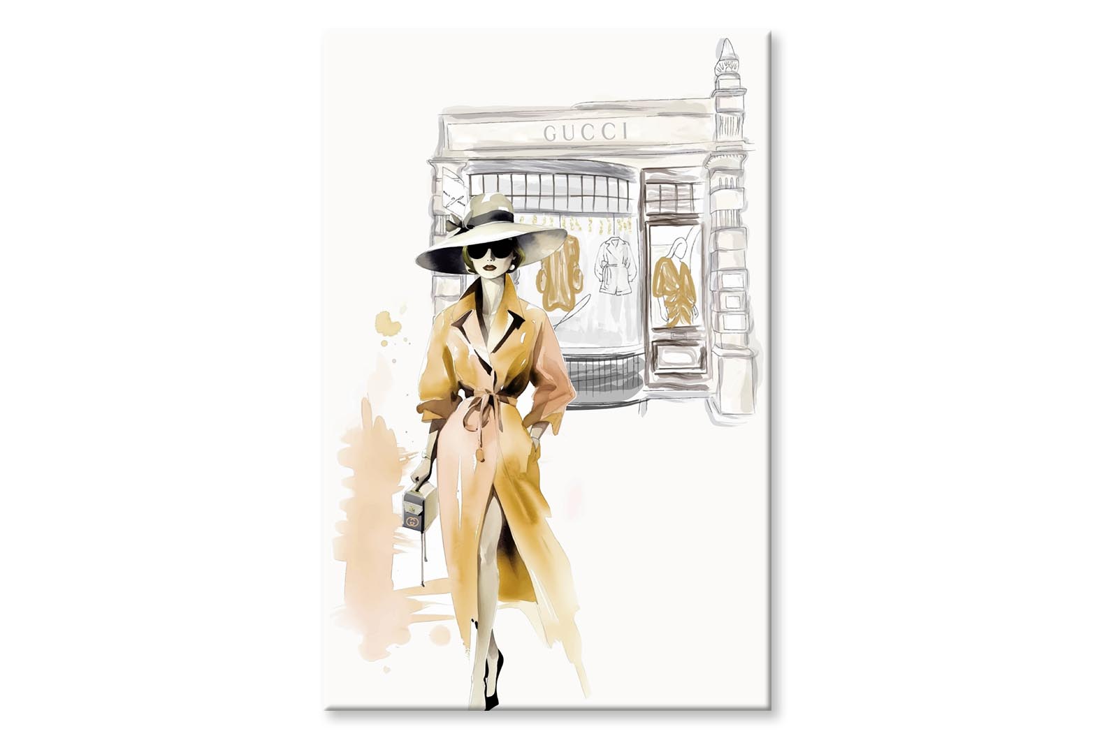 Yellow Stylish Lady with Hat Wall Art Limited Edition High Quality Print Stretched Canvas None