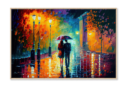 Couple with Umbrella on Road & Trees Oil Painting Wall Art Limited Edition High Quality Print Canvas Box Framed Natural