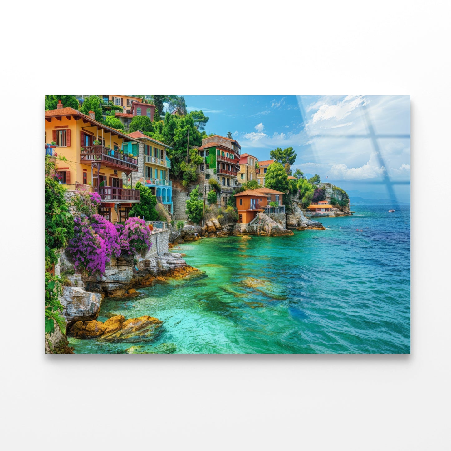 Ocean with Buildings, Trees and Sky Acrylic Glass Print Tempered Glass Wall Art 100% Made in Australia Ready to Hang