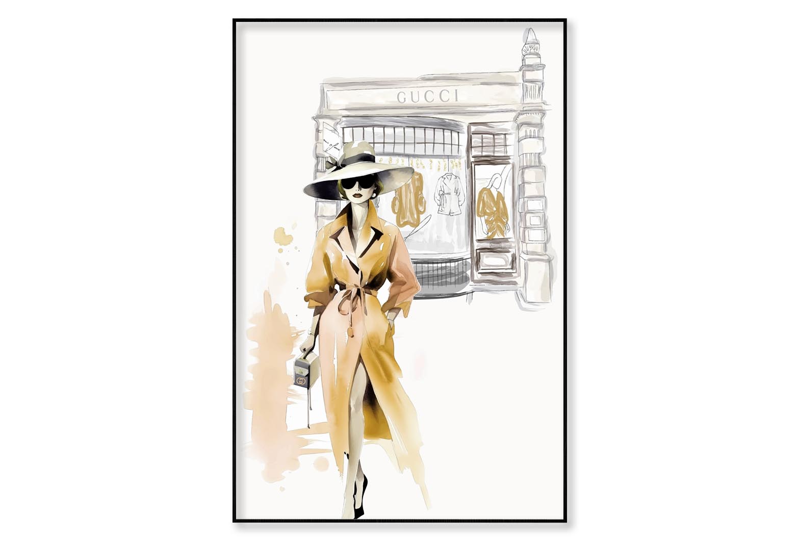 Yellow Stylish Lady with Hat Wall Art Limited Edition High Quality Print Canvas Box Framed Black