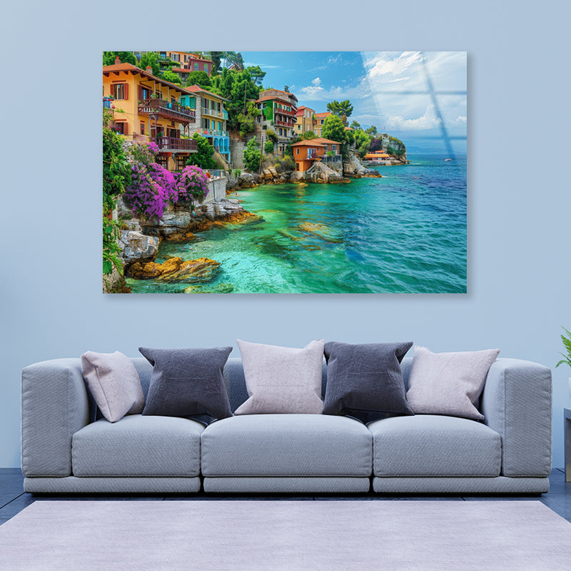 Ocean with Buildings, Trees and Sky Acrylic Glass Print Tempered Glass Wall Art 100% Made in Australia Ready to Hang