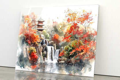 Waterfall Drawing With Trees Acrylic Glass Print Tempered Glass Wall Art 100% Made in Australia Ready to Hang