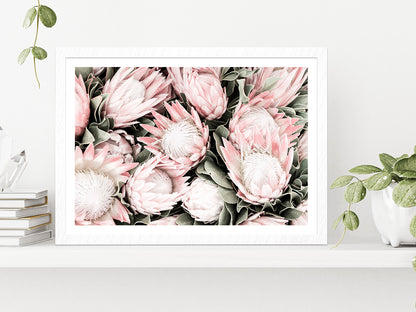 Protea Flowers Closeup Faded Photograph Glass Framed Wall Art, Ready to Hang Quality Print With White Border White