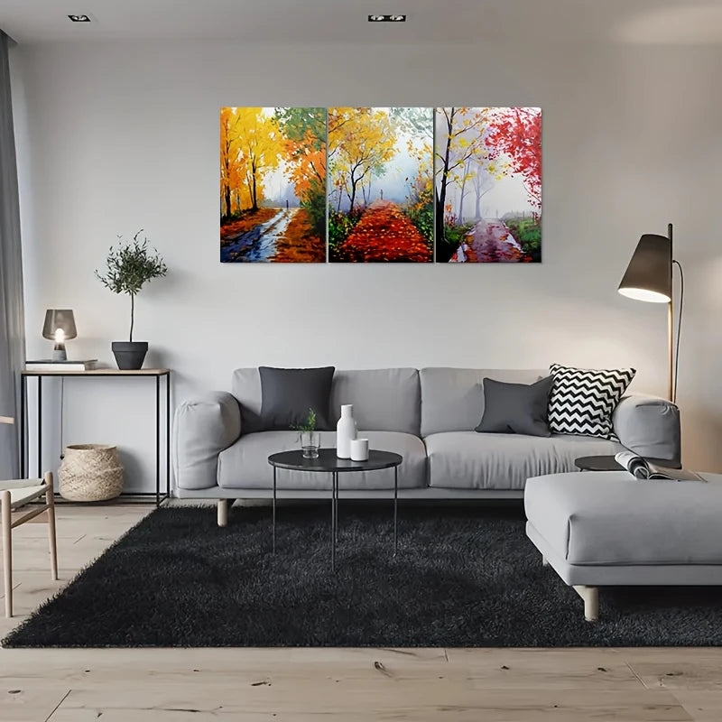 3pcs Tranquil Fall Foliage Scenes with Golden, Orange, Red Leaves Metal Print Ready to Hang Art