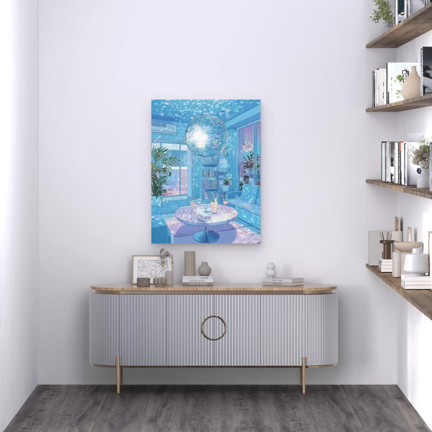 College Apartment with a Blue Disco Theme 60x90cm Metal Print Ready to Hang