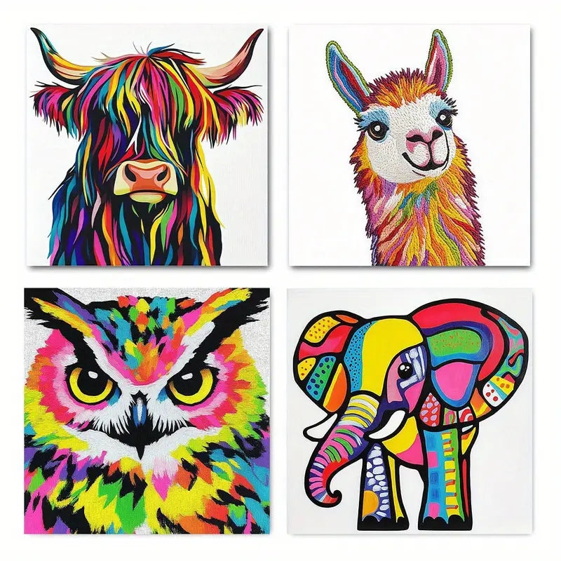4pcs Colorful Animal Llama Cow Owl Elephant Wall Art Canvas Framed