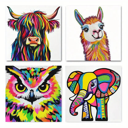 4pcs Colorful Animal Llama Cow Owl Elephant Wall Art Canvas Framed