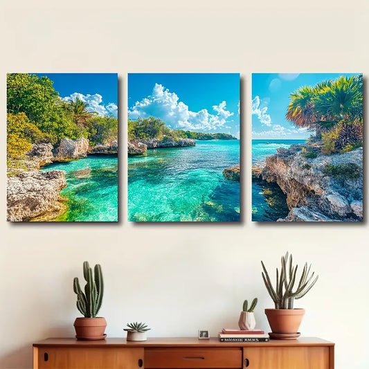 3pcs Coastal Lagoon Turquoise Water Wall Art Set Canvas Framed 60x90cm - High Quality Print 100% Australian Made Wall Canvas Ready to Hang