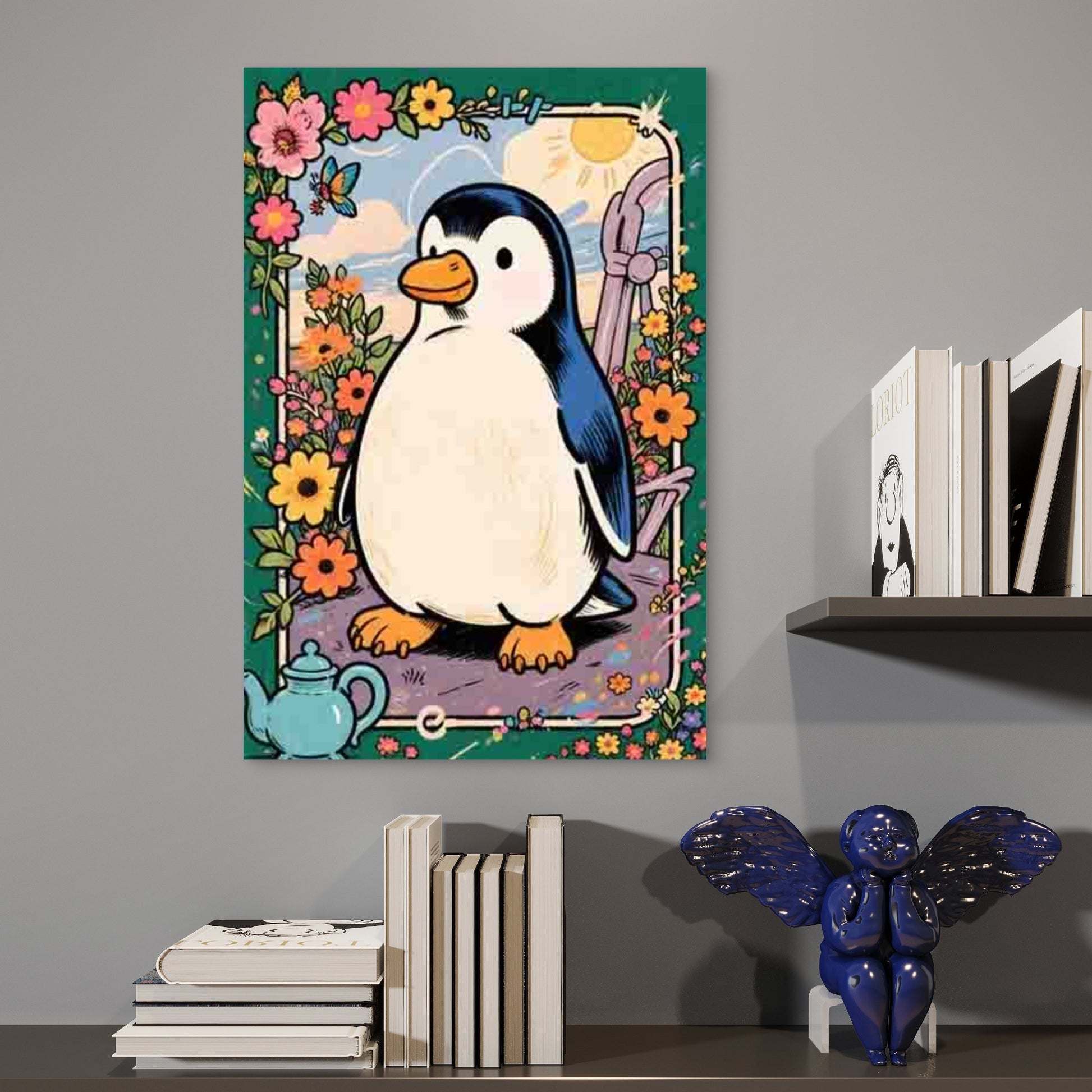 Penguin with Floral Patterns 60x90cm Metal Print Ready to Hang - Bella Home Decor