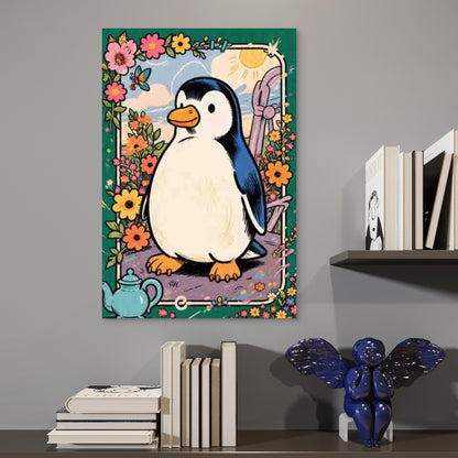 Penguin with Floral Patterns 60x90cm Metal Print Ready to Hang - Bella Home Decor