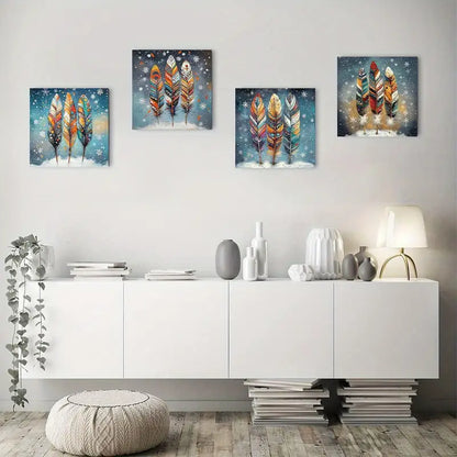 4pcs  Vintage Tribal Feather  ER    Wall Art Canvas Framed