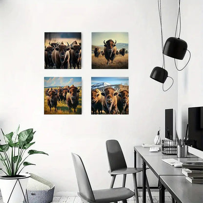 4pcs  Rustic Buffalo  Elegant Home Decor YU      Wall Art Canvas Framed
