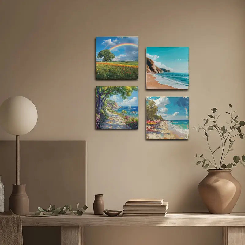 4pcs Rainbow With Beach Side Wall Art Canvas Framed