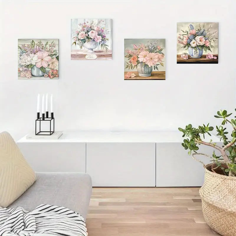 4pcs Abstract Flower Arrangements In Blue & Whit Wall Art Canvas Framed
