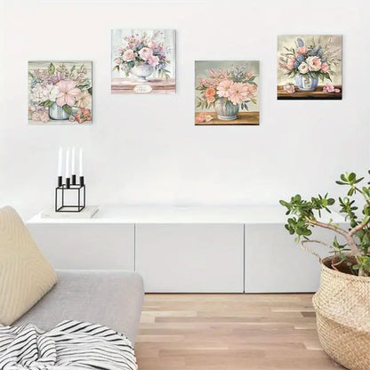 4pcs Abstract Flower Arrangements In Blue & Whit Wall Art Canvas Framed