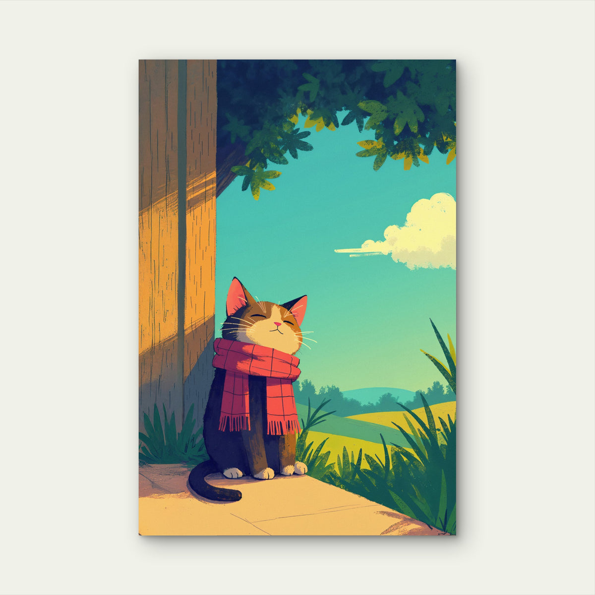 Cozy Cat in Red Scarf Enjoying the Sun 40x60cm Metal Print Ready to Hang