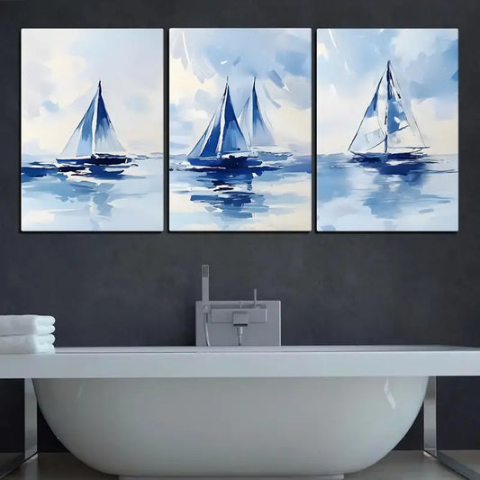3pcs Sailing Boat Blue Seaview Painting Metal Print Ready to Hang Art