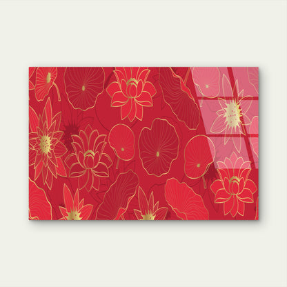 Abstract Red & Gold Lotus Flower Pattern Acrylic Glass Printing Wall Art Australian Made Quality