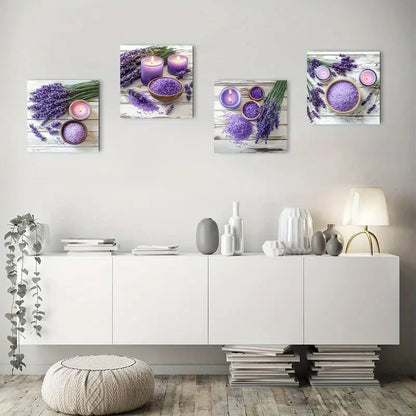 4pcs Rustic Country Lavender Floral Purple Candle Wall Art Canvas Framed