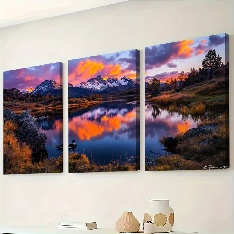 3pcs Mountain Lake Dawn Reflection Wall Art Set Canvas Framed 60x90cm - High Quality Print 100% Australian Made Wall Canvas Ready to Hang