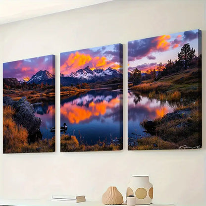 3pcs Mountain Lake Dawn Reflection Wall Art Set Canvas Framed 60x90cm - High Quality Print 100% Australian Made Wall Canvas Ready to Hang