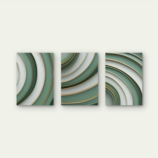3pcs Modern Sage Green Gold Abstract Curves Wall Art Set Canvas Framed 60x90cm - High Quality Print 100% Australian Made Wall Canvas Ready to Hang