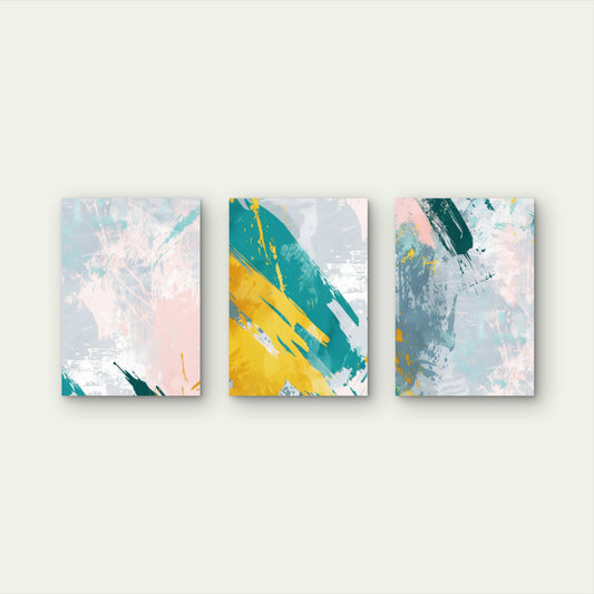 3pcs Teal Pink Yellow Abstract Brush Textured Wall Art Set Canvas Framed 50x70cm - High Quality Print 100% Australian Made Wall Canvas Ready to Hang