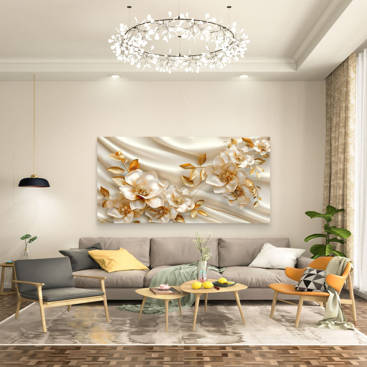 Golden Silken Floral Grace Wall Art Canvas Office Home Room Framed 120x60cm