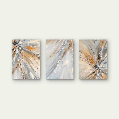 3pcs Grey Gold Abstract Splash Burst Modern Metal Print Ready to Hang Art