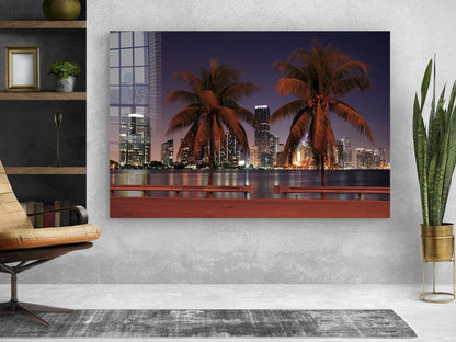 Night Cityscape Palms UV Direct Aluminum Print Australian Made Quality