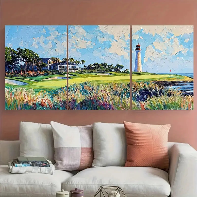 3pcs Harbor Town Golf Course Lighthouse Metal Print Ready to Hang Art